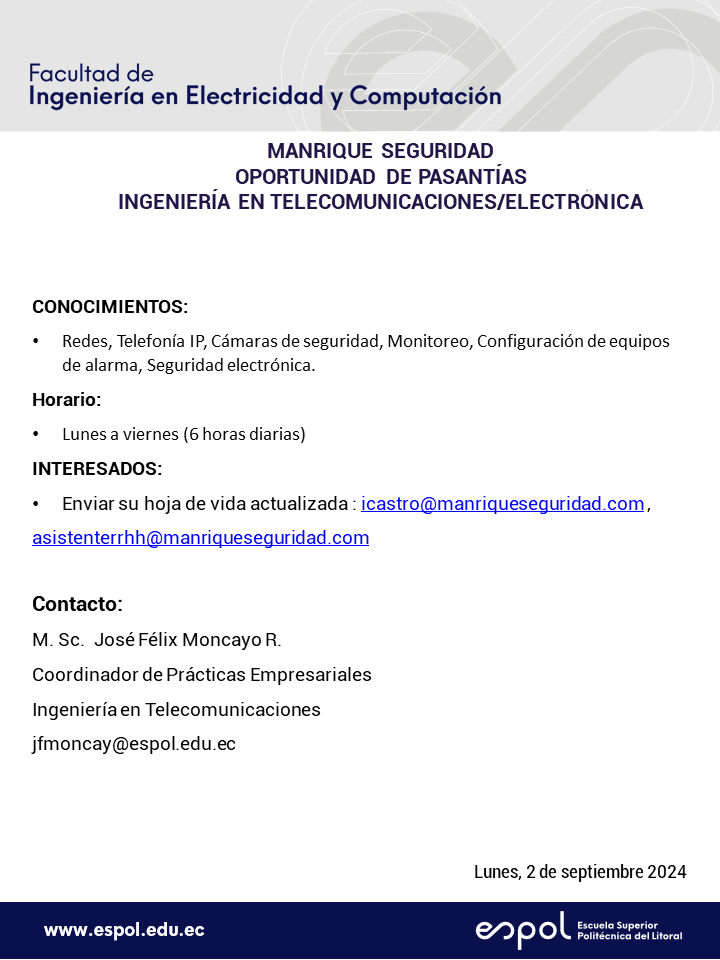 Oportunidad de pasantías en Manrique Seguridad: Ingeniería en Telecomunicaciones