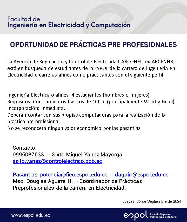 Oportunidad de pasantías en ARCONEL: Ingeniería en Electricidad