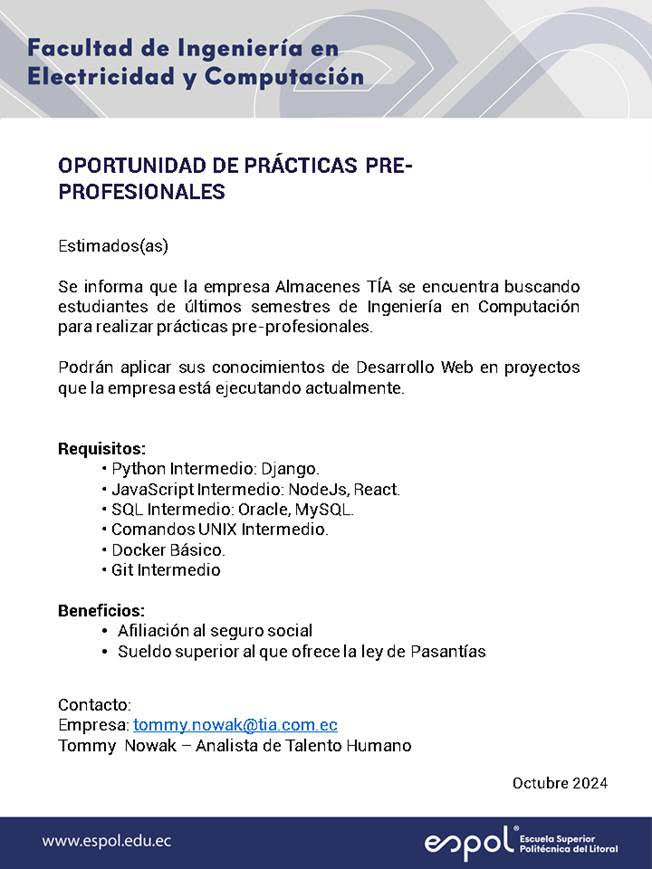 Oportunidad de pasantías en alamacenes TIA: Ingeniería en Computación