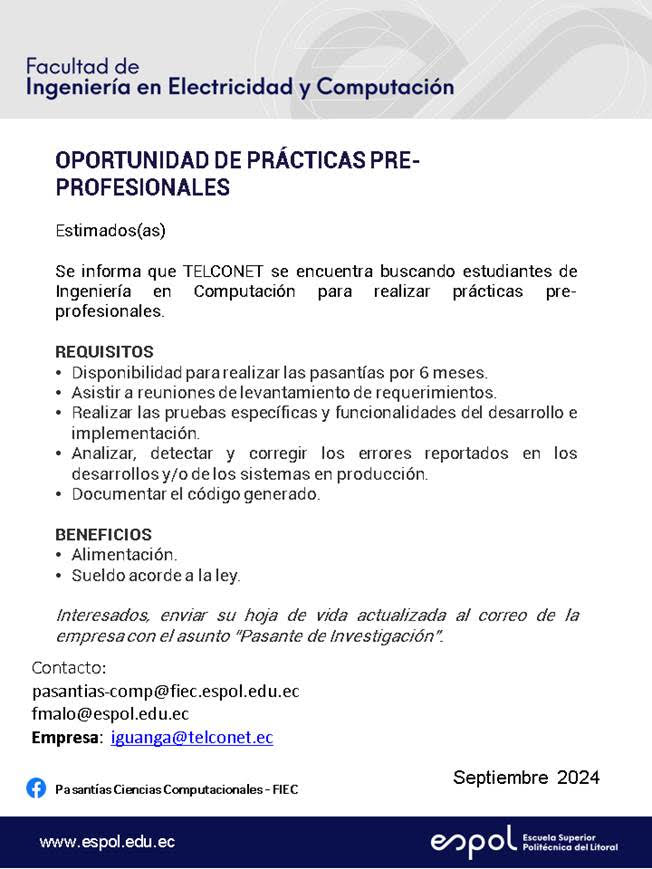 Oportunidad de pasantías en TELCONET: Ingeniería en Computación