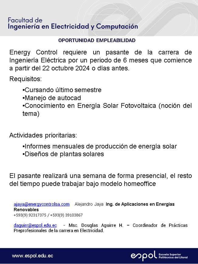 Oportunidad laboral en Energy Control: Ingeniería en Electricidad