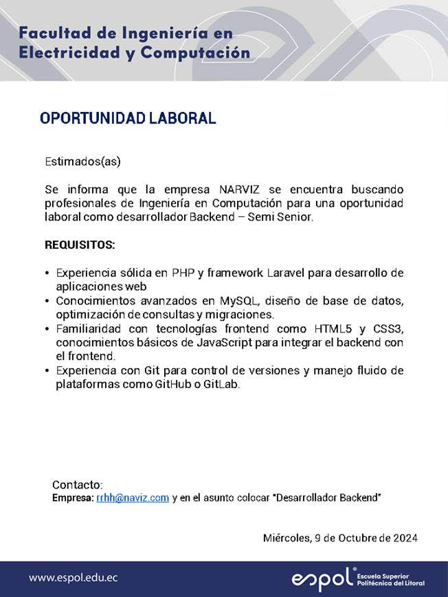 Oportunidad laboral en Narviz: Ingeniería en Computación