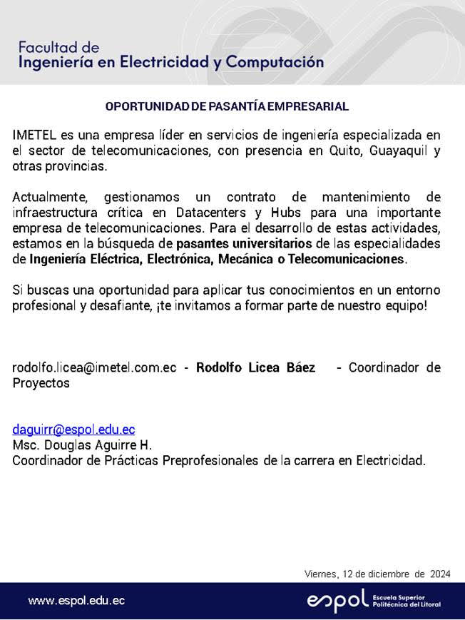 Oportunidad de pasantías en IMETEL: Ingeniería en Electricidad