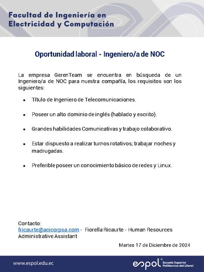 Oportunidad de laboral: Ingeniería en Telecomunicaciones