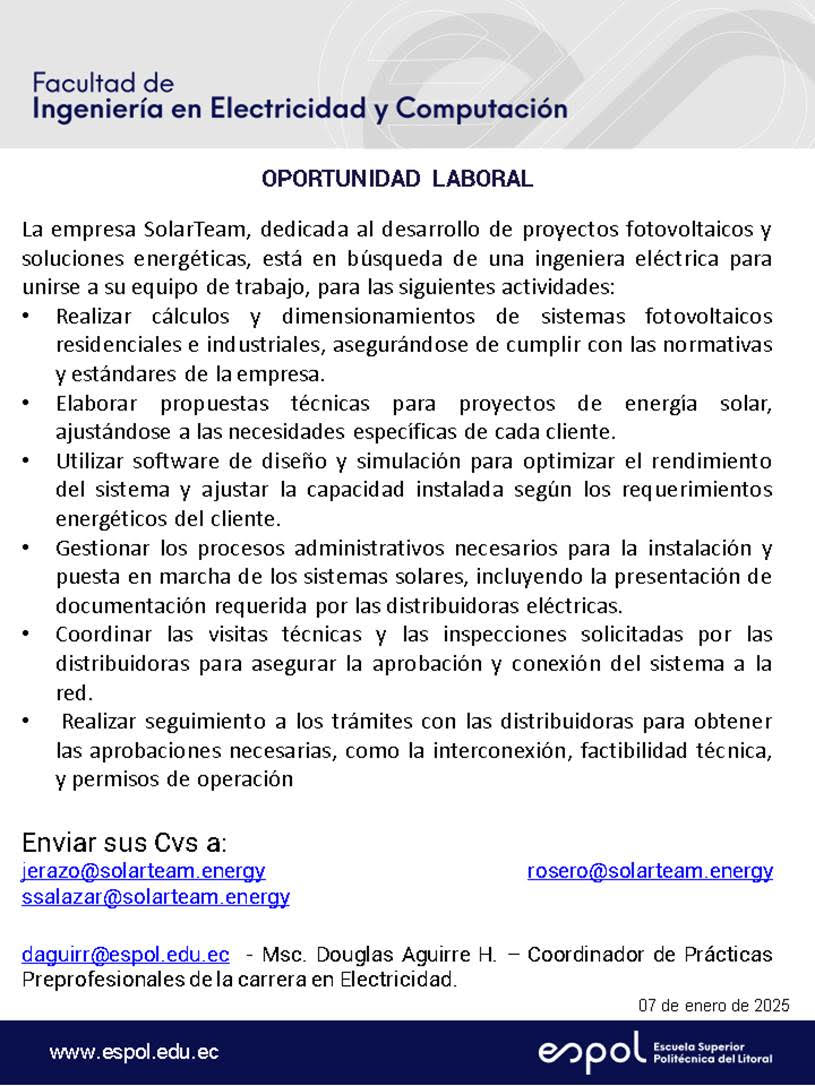 Oportunidad laboral en SolarTeam: Ingeniería en Electricidad