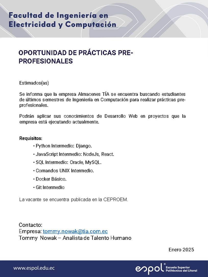 Oportunidad de pasantías en Almacenes TIA: Ingeniería en Computación