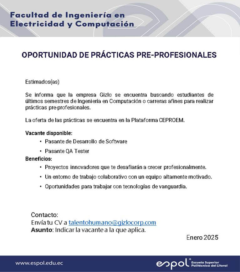 Oportunidad de pasantías en Gizlo: Ingeniería en Computación