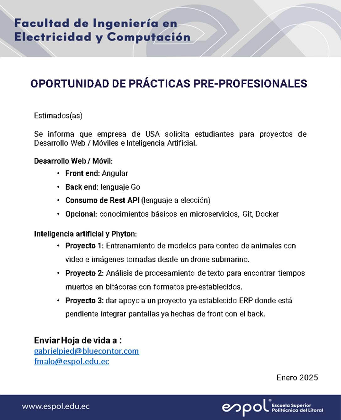 Oportunidad de pasantías en empresa en USA: Ingeniería en Computación