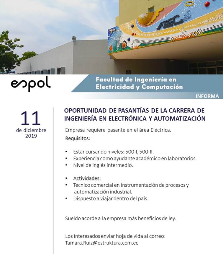 Oportunidad de Pasantías Ingeniería en Electrónica y Automatización